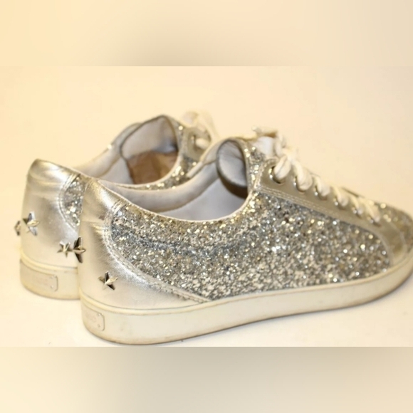 Jimmy Choo Glitter Low Top Trainers Sneakers In Silver Leather Size 39.5 US 9.5 - Picture 5 of 11
